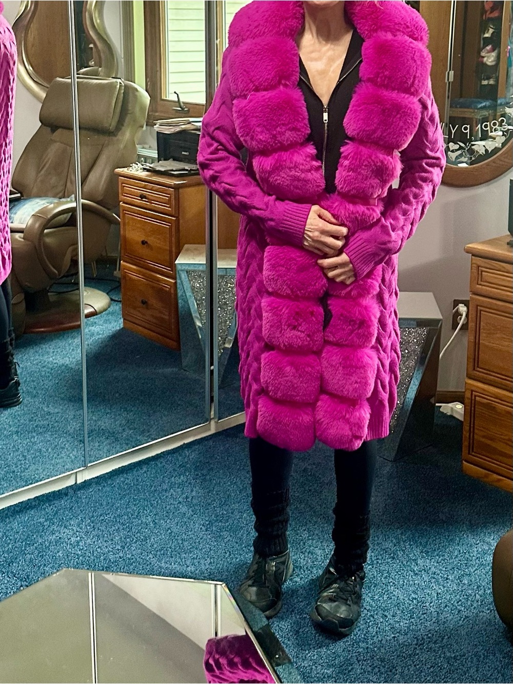 AKIRA Bold Fuchsia faux fur Knit Cardigan with Plush Trim - Picture 10 of 13